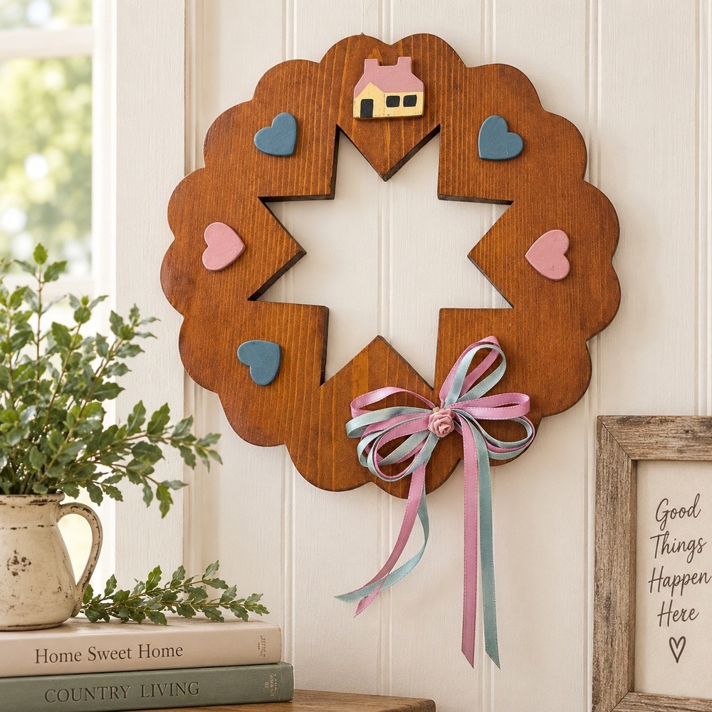 Wood Wreath Wall Decor Hearts Cottage Star Cutout Folk Art Country Farmhouse 11"